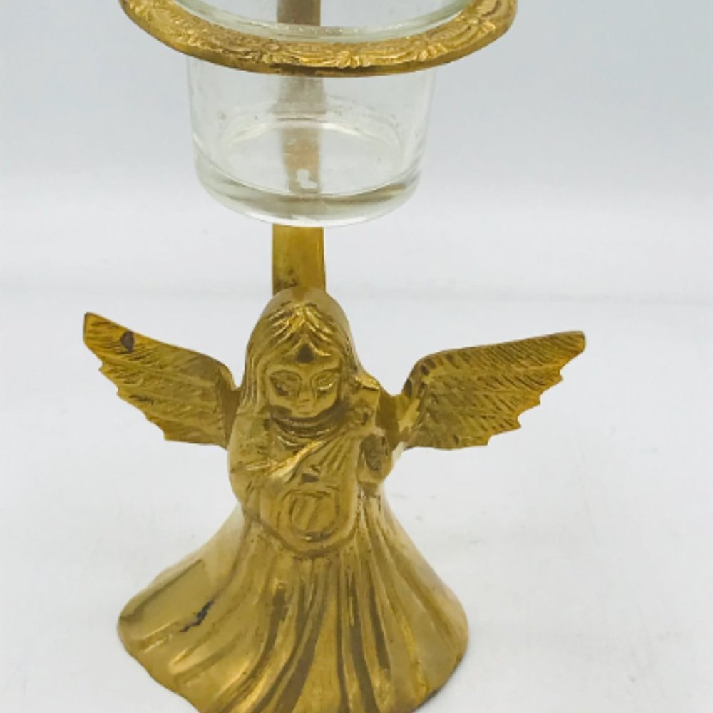 Vintage Brass Angel 2pc glass container tea light votive Candle Holder 6"Hx3"W
